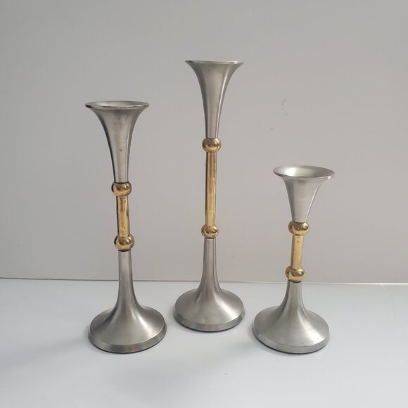 MCM / Art Deco Candle Holders 3pc Graduated Set Stainless Steel & Brass INDIA - Picture 1 of 9